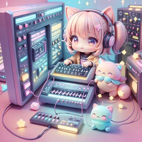 chibi playing synthesizer, kawaiitech, kawaii, cute, pastel colors, best quality, happy