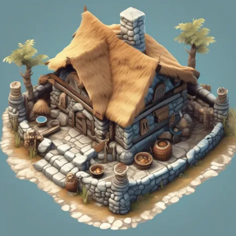 （Isometric house，Primitive tribal architectural design），Realisticstyle， Game architectural design，（Light blue circular roof，Animal skeletons，stone，wood， symmetrical outpost，Andrew's base），（Primitive barbarian style），Stone Age，Primordial period，（white backg...
