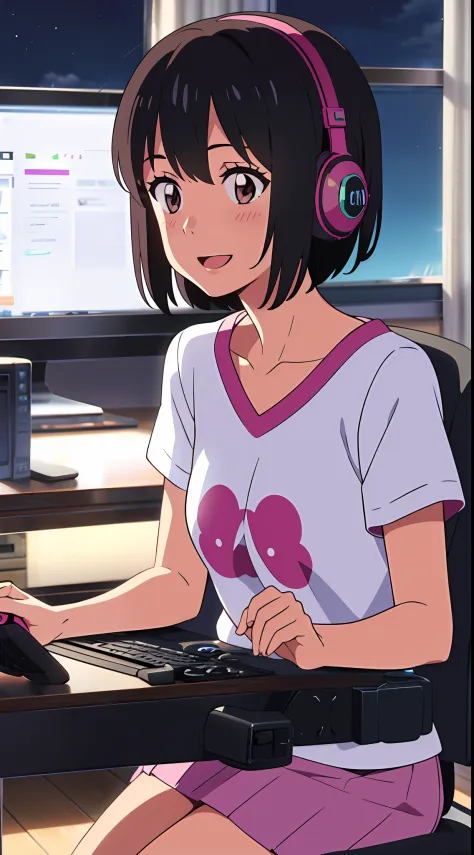 shinkai makoto, kimi no na wa., 1girl, bangs, black hair, blush, brown eyes, cloud, looking at the audience, t-shirt, short hair...