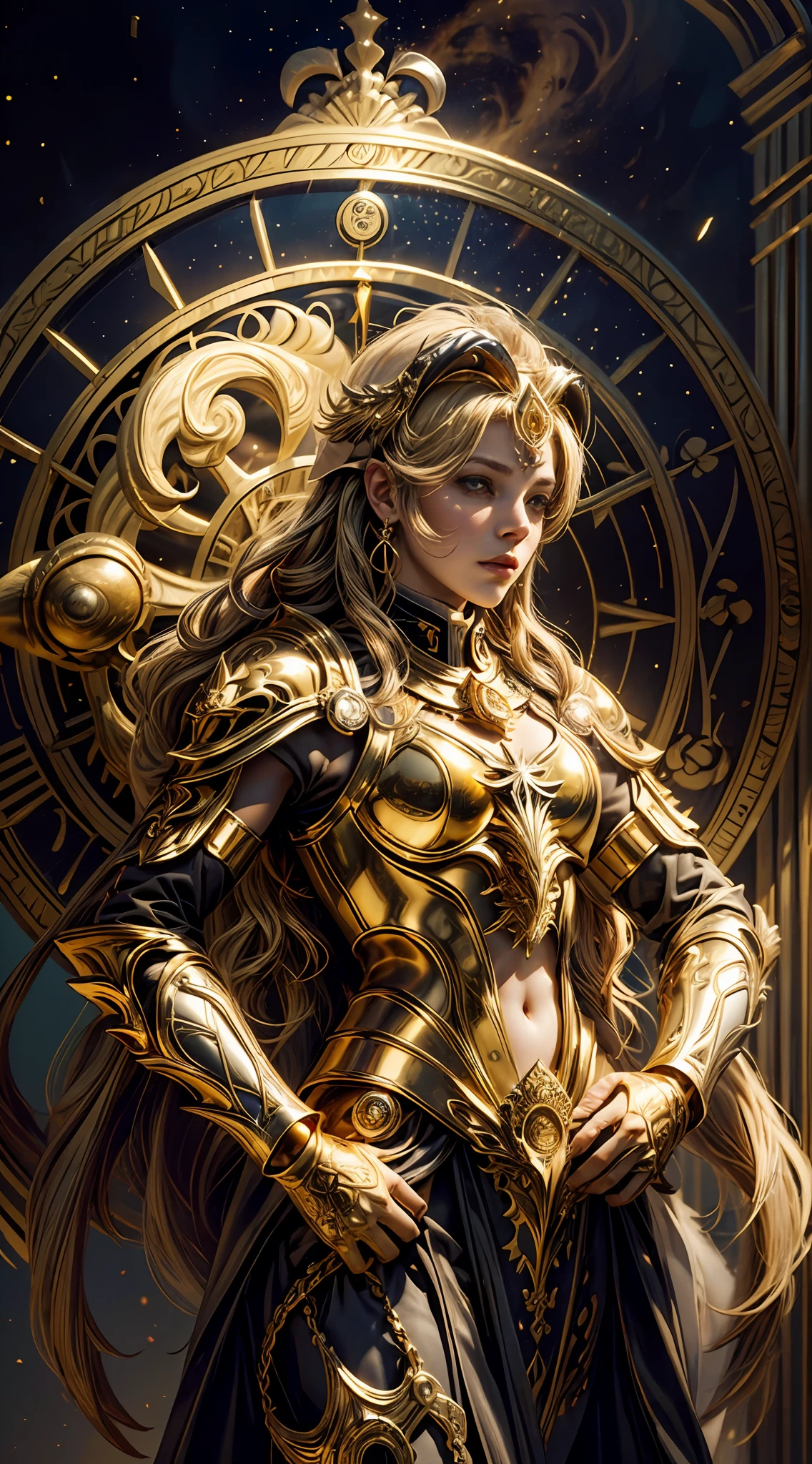 (Magical golden Aries astrolabe:1.2)，（anatomy correct:1.5），Solo，1 female warrior wearing sheep-patterned armor，（Helmet in the shape of a golden sheep's head），3Drenderingof，extremely detaile, Cinematic lighting effects，4K，Masterpiece，offcial art