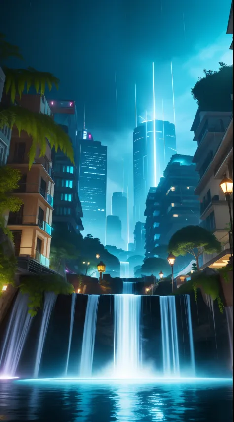 Automated cyan themed city, super vibrant,  extremely detailed, photorealistic, in a jungle, 8k, raining, has super detailed cya...