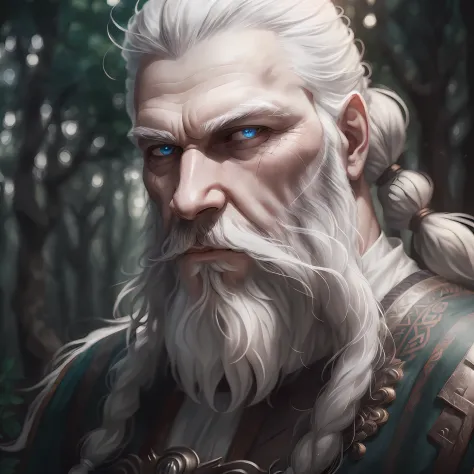 (Gorgeous Photo:1.3) of (Ultra detailed:1.3), dwarf, white beard, white mustache, white hair in pony tail, viking style, forest, evening, close look, Highly Detailed, (close portrait:1.3), (beautiful:1.4), perfectly detailed eyes, studio lighting, thematic...
