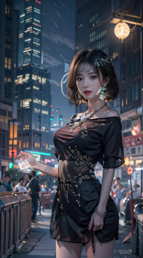 masterpiece,best quality,(night:1.7),cityview,(outdoors:1.3),city lights,skyscraper,street,close up,
1girl,jewelry,earrings,neck...