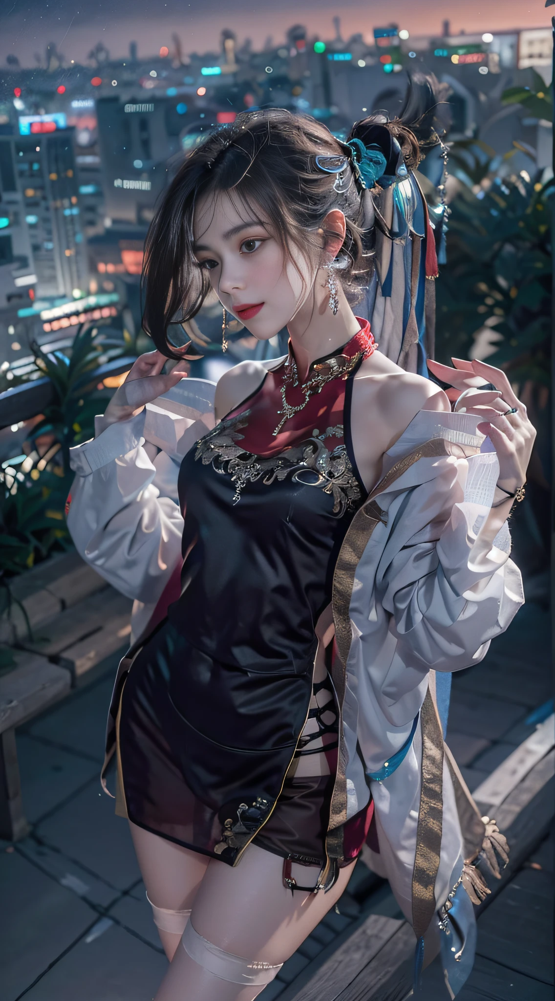 masterpiece,best quality,(Night:1.7),CityView,(outdoors:1.3),city lights,skyscraper,street,close up,
1girl,jewelry,earrings,necklace,standing,pose,beautiful face,full body,(short hair:1.5),
dress,underwear,see-through,chinese clothes,panties,