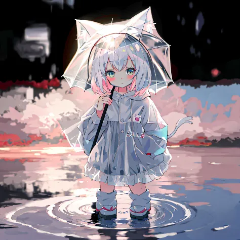 Anime girl standing in a puddle，Wearing a raincoat and holding an umbrella, cute anime catgirl, lovely art style, Cute!! tchibi!...