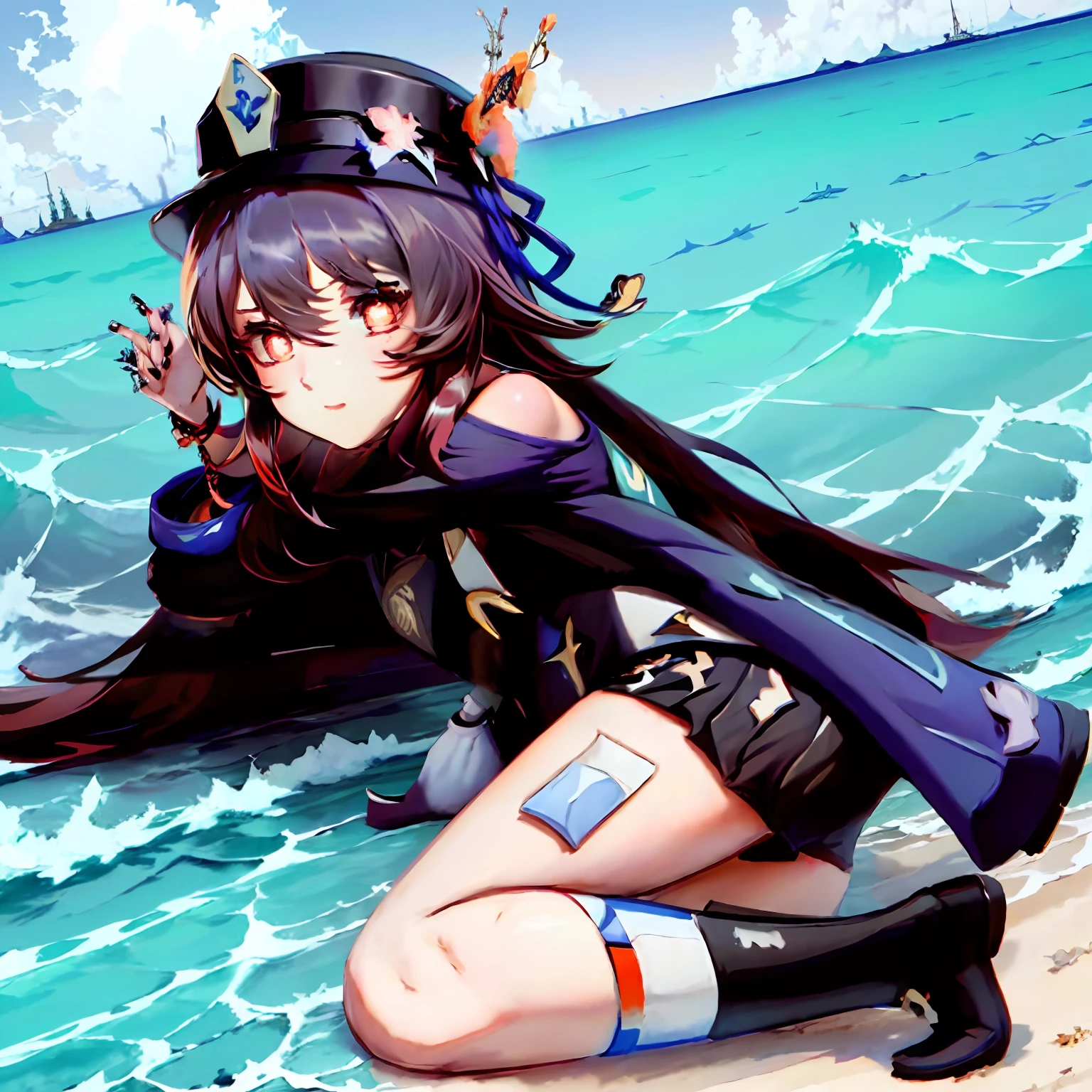 Garota de anime sentada em uma almofada usando chapéu de palha e óculos de sol, Estilo de coleção Kantai, tendências no cgstation, pista azul style, Uma cena do《pista azul》videogame, negao, Guviz, relaxando na praia, , kancolle, tendências na cgstation, pequeno curvilíneo , Metaverso do meio Hu Tao parte superior do corpo