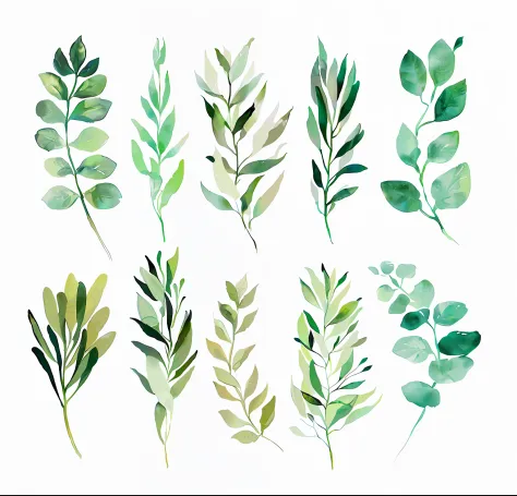 Close-up of a bunch of green leaves on white background, botanic foliage, botanical watercolors, branches and foliage, Green plants, leaves foliage and stems, Green leaves, leafs, botanical background, green leaf, green color), highly detailed green leaves...