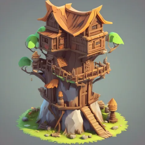 Isometric house，Primitive tribal architectural design，cartoonish style， Game architectural design，RPG style，（A watchtower built on a tree，the tower，wood），（3D model rendering、Primitive barbarian style），white backgrounid，Stone Age，Primordial period，clash of ...