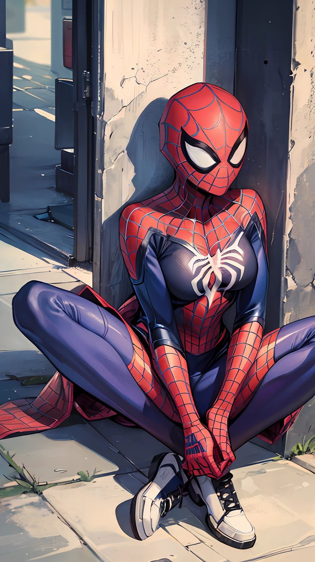 Spider - man sitting on the sidewalk in front of a building - SeaArt AI