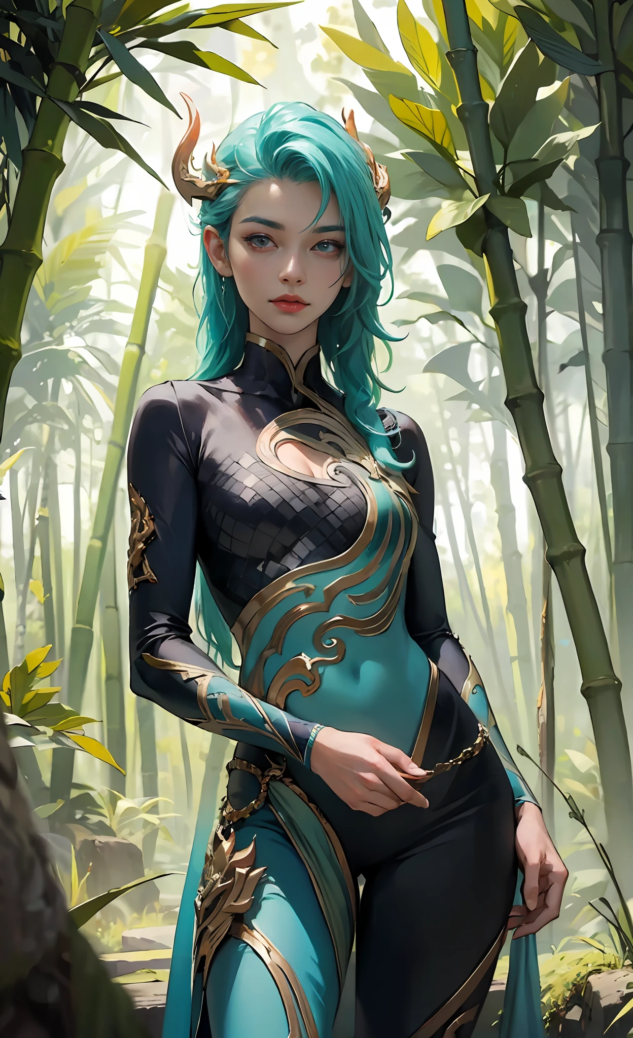 ((A tall girl stands upright, holds his hand in front of him and points forward;)), peeking out from under his forehead, BREAK, (Dark background, Bamboo forest), (Slim_thights:1.3), ((big breastes)), Slender_thights, aqua hair, 1girl, solo, (Miniature body:1.4), generous cleavage, detailed anatomy, the perfect body, Detailed body, detailized face, Beautiful anatomical eyes. BREAK Kaisa Dragon Lagoon,  The BREAK is very detailed, Intricately detailed art, Artstation's Detailed Triadic Color Trend in Unreal Engine 5, 8K resolution, deviantart masterpiece.