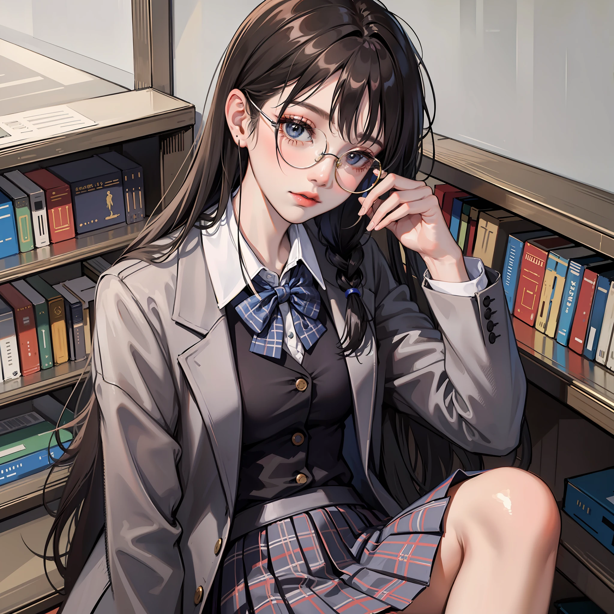 Korean preppy style, Outrageously long ponytail, Parted bangs, circle glasses, Dress school uniform, Dark gray open jacket, Dark gray blazer, Pleated skirt, long plaid skirt，Read a book in the library, The morning sun pours，Shy and quiet girl, Reserved and dignified，looking at the distance, Extremely detailed hair, intricately details, Best quality, realisticlying，Need，tmasterpiece