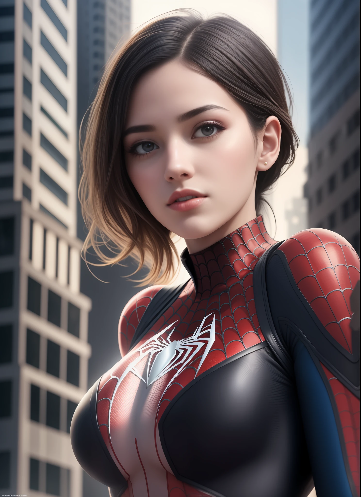 (1girl:1.3), solo, __body-parts__, official art, unified 8k wallpaper, super detailed, beautiful and aesthetic, beautiful, masterpiece, best quality, raw, masterpiece, super fine photo, best quality, super high resolution, photorealistic realism, sunlight, full body portrait, amazing beauty,, dynamic pose, delicate face, vibrant eyes, (from the front), she is wearing a Spider-man suit, red and black color scheme, spider, very detailed abandoned warehouse background, Detailed face, detailed complex busy background, messy, gorgeous, milky white, highly detailed skin, realistic skin details, visible pores, sharp focus, volumetric fog, 8k uhd, DSLR, high quality, film grain, fair skin, photo realism, lomography, huge metropolis in future dystopia, seen from below, translucent