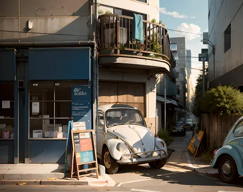 --Volkswagen Beetle cars entering a pharmacy building at an avenue intersection with people outside, foto realista de acidente d...