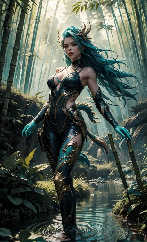 ((A tall girl stands upright, holds his hand in front of him and points forward;)), peeking out from under his forehead, BREAK, (Dark background, Bamboo forest), (Slim_thights:1.3), ((big breastes)), Slender_thights, aqua hair, 1girl, 独奏, (Miniature body:1...