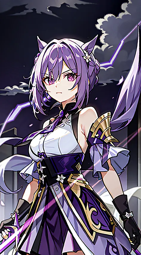 Purple colored hair，dual horsetail，Purple eye，Thunder and lightning surround，Purple sword，dual horsetail，sword-wielding