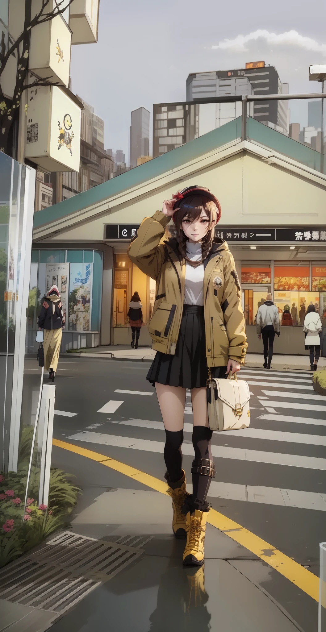 anime girl in a short skirt and jacket walking down a street, urban girl fanart, tokyo anime anime scene, modern anime style, style of anime4 K, Anime style illustration, Realistic anime 3 D style, anime styled digital art, Anime style. 8K, anime visual of a cute girl, anime style cityscape, girls frontline style, Style anime, very modern anime style，ssmile，Extremely cute，Brown boots，Step on the barricades，