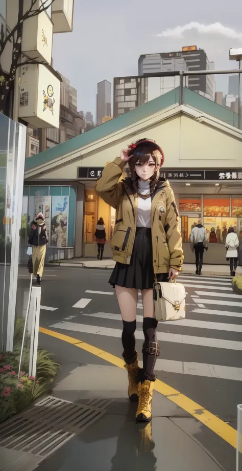 anime girl in a short skirt and jacket walking down a street, urban girl fanart, tokyo anime anime scene, modern anime style, st...