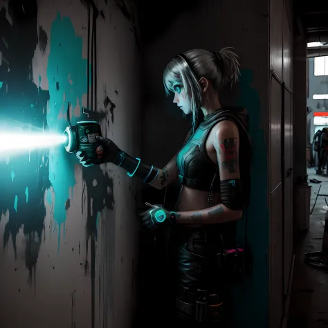 White cyberpunk girl spray painting on wall with spray paint can --auto