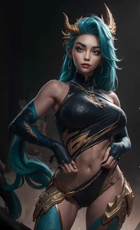 ((The tall girl put her hands on her chest)), peeking out from under his forehead, BREAK, (Fog in the background, Chaos, destruction, Gold Chains, Blood and sand), (Slim_thights:1.3), ((big breastes)), Slender_thights, aqua hair, 1girl, 独奏, (Miniature body...