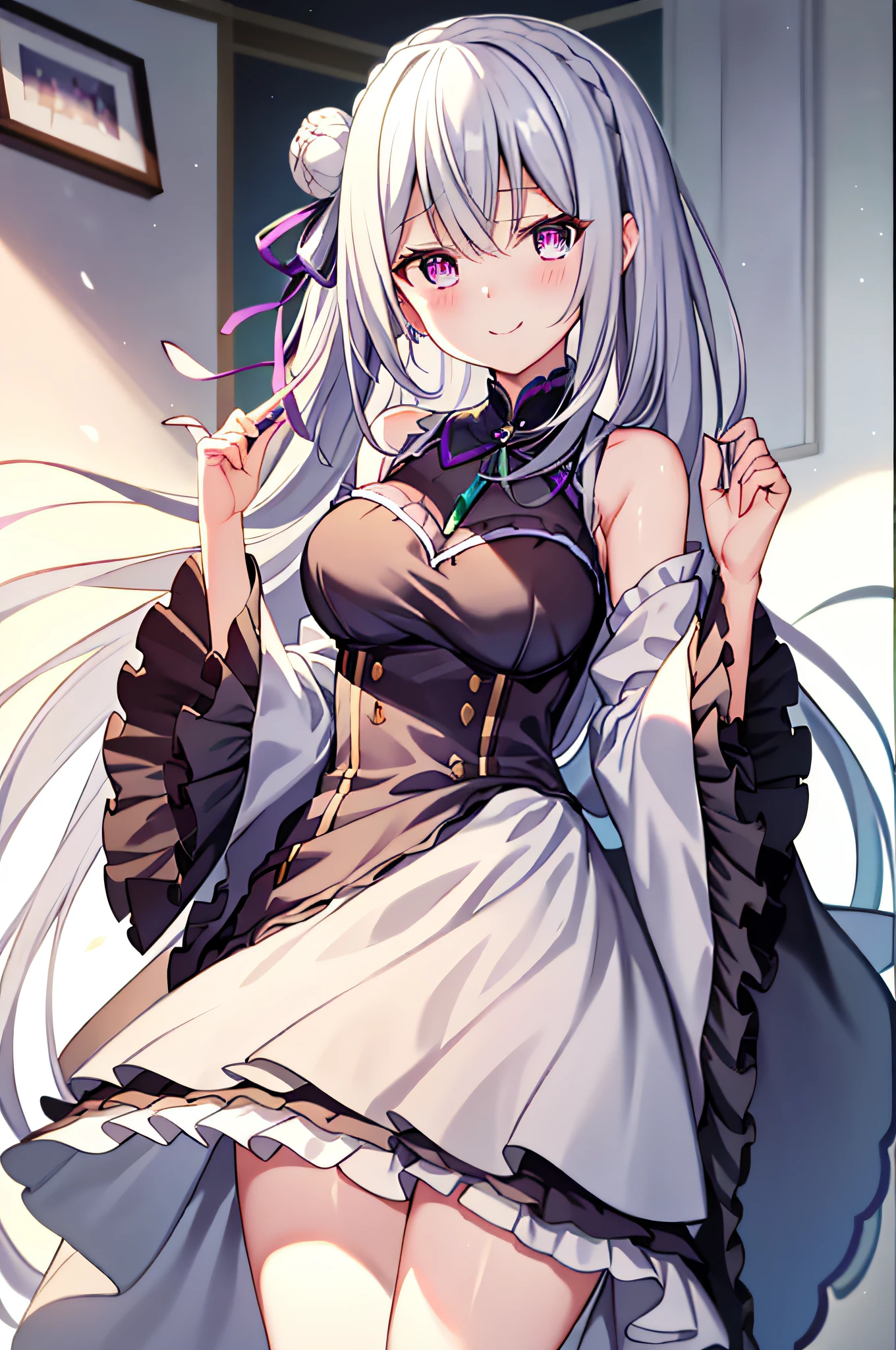 Amelia:2.0，Super meticulous，Unity 8k Wallpaper，Volumetriclighting，Best shadow，shallowdepthoffield，Enjoy the scenery，Shut your mouth, longer sleeves, big breasts thin waist, Short black pleated skirt, black high-socks、the sideview、（Highest image quality、astonishing detail：1.25）、（solo：1.3）、Brilliant and colorful paintings，ssmile，gentleness，effeminate，Random scenes，very happily，smallunderboob