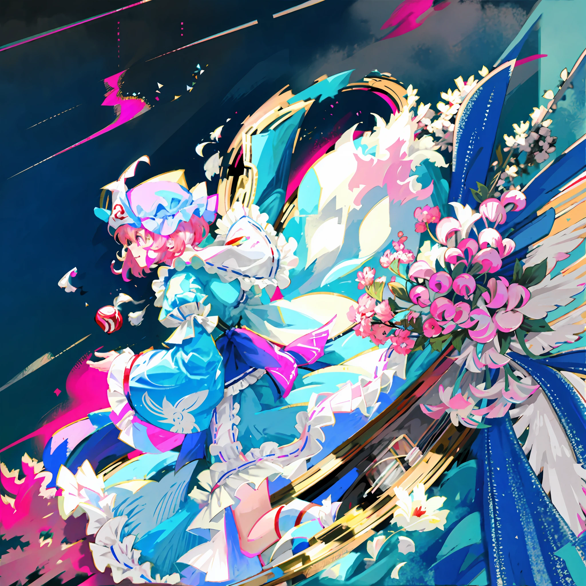 masterpiece, best quality, Eastern Project,1 girl, solo, Saigyouji Yuyuko, konpaku youmu (ghost), pink eyes,pink short hair,bob cut, blush,looking at viewer, puffy sleeves,blue kimono,full body, white socks, mary janes, outdoors,sitting on the stairs, smile,plant,sparkle, konpaku youmu (ghost),ghost surrounding,eating apples,there is a shrine background in the distance, with a clean background