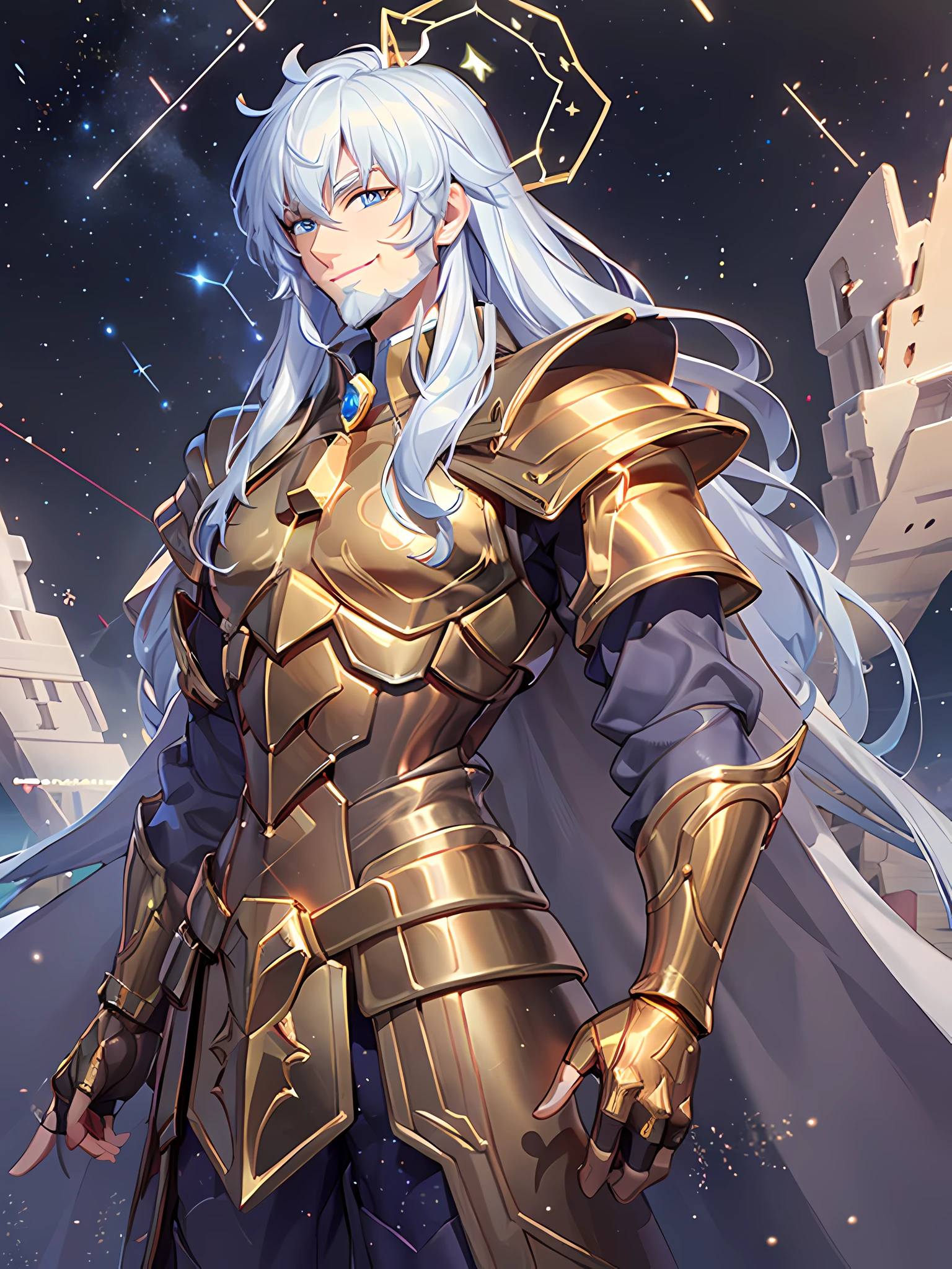 3d render, 1man:1.3, personification of constellations:1.3, wearing a golden armor, 
Cepheus is a powerful man with long hair and a long beard.
He always has a kind smile on his face.
He is the king of the constellations.
He always protects the constellations and wants them to be happy.