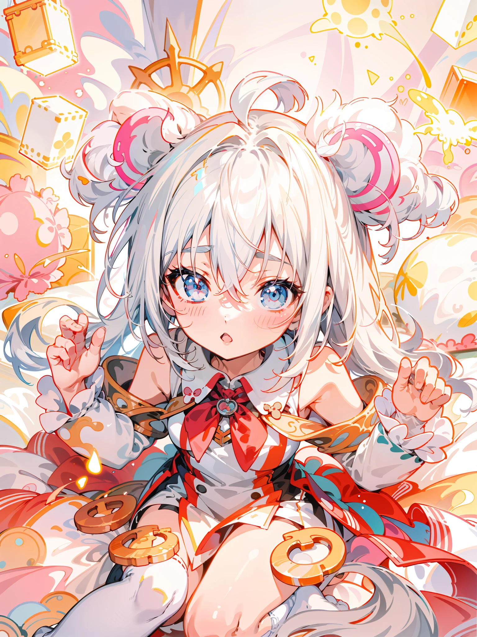 White-haired anime girl sitting on bed, Official artwork, small curvaceous loli, Splash art anime Loli,Anime moe art style, high detailed official artwork, Loli, Gray hair, Detailed key anime art，Large round ears，One foot is wearing white socks，Long flowing hair，White jade hands