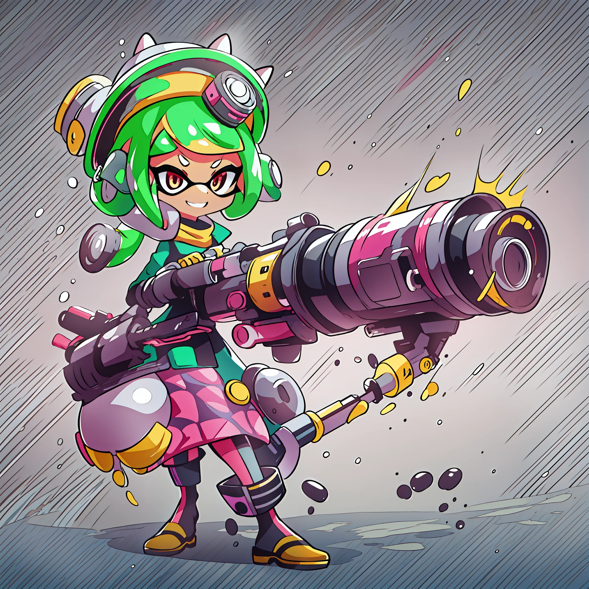 Charakter einer Frau mit einem Gatling-Gewehr, im Splatoon-Stil, Splatoon 3, Splatoon,, Splashscreen-Charakterkunst, Videospielfigur, Videospiel-Charakterkunst, Gatling、Fassspinner