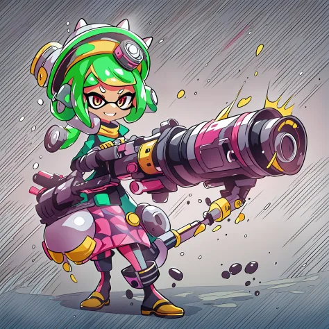 Character of a woman with a Gatling gun, with splatoon style, Splatoon 3, Splatoon,, splashcreen character art, videogame charac...