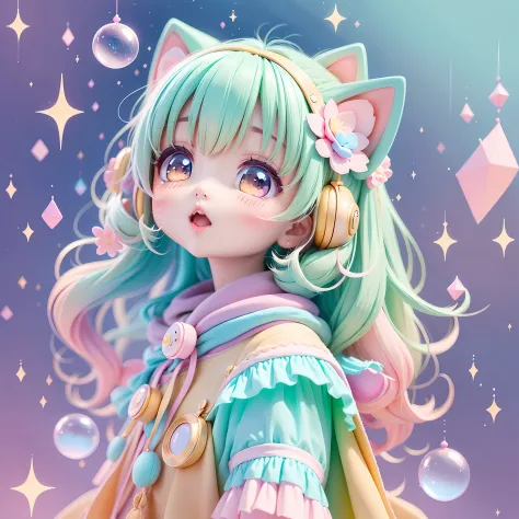 chibi looking up, leaning, bubbles around, kawaiitech, kawaii, cute, pastel colors, best quality, happy