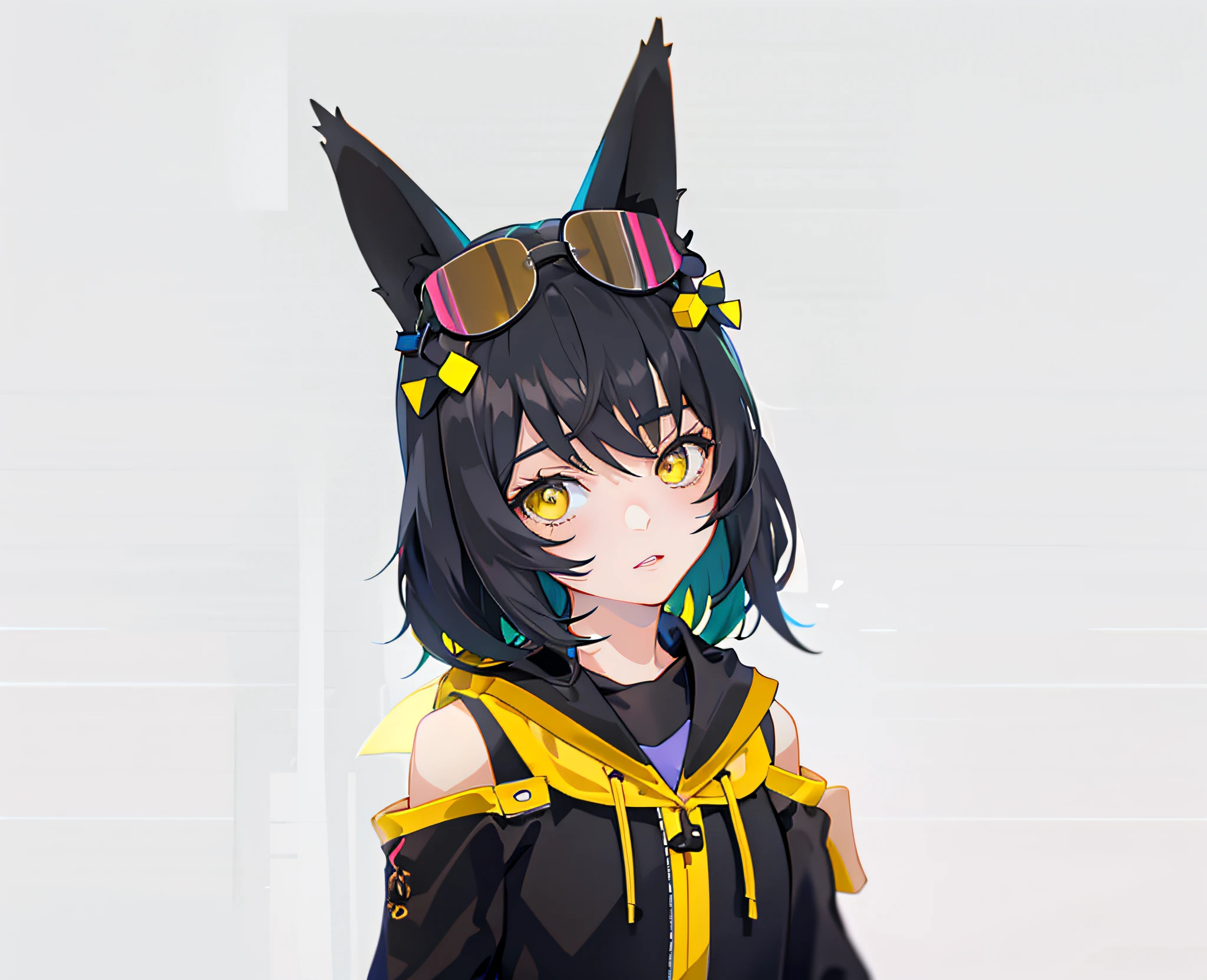 Anime girl aux cheveux noirs et aux yeux jaunes dans des vêtements noirs et jaunes, style artistique anime moe, Style animé. 8k, Anime Girl avec des oreilles de chat, chat virtuel, personnage de style anime, rendu d&#39;une jolie fille anime 3D, style anime 3D, animé stylisé, stylisation animée, illustration, réalisé avec le studio de peintre d&#39;anime, style artistique animé