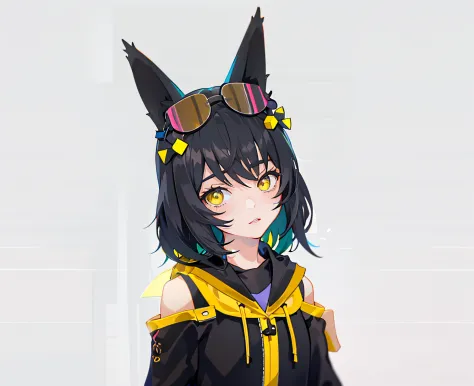 Anime girl with black hair and yellow eyes in black and yellow clothes, Anime moe art style, Anime style. 8K, anime girl with ca...