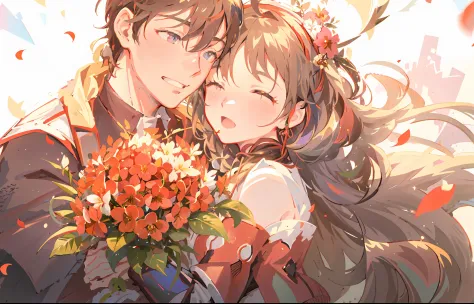 anime couple kissing with flowers in front of sky background, kawasi, guweiz e makoto shinkai, granblue fantasy, guviz, wlop and...