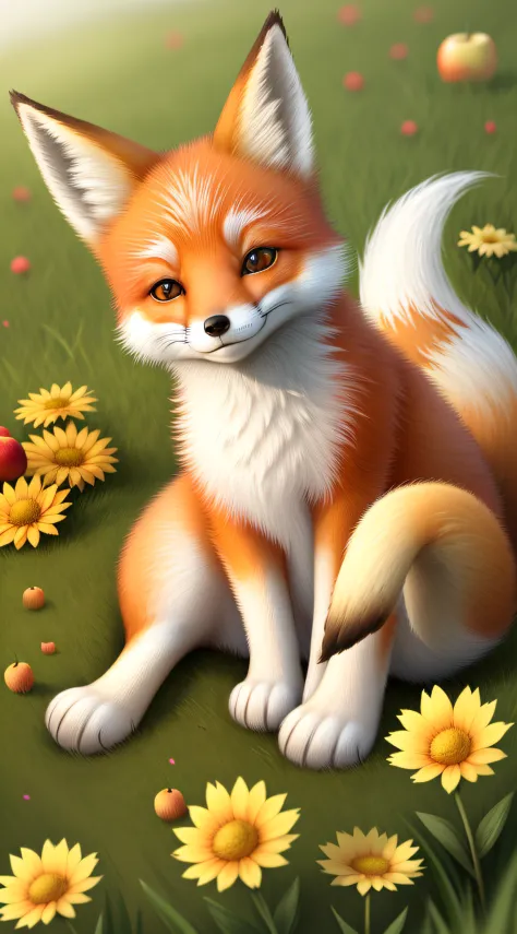beautiful fox，opening eyes，ssmile，grassy，Flowers and good lighting，the fruits，apples，Baby fox，Cosy
