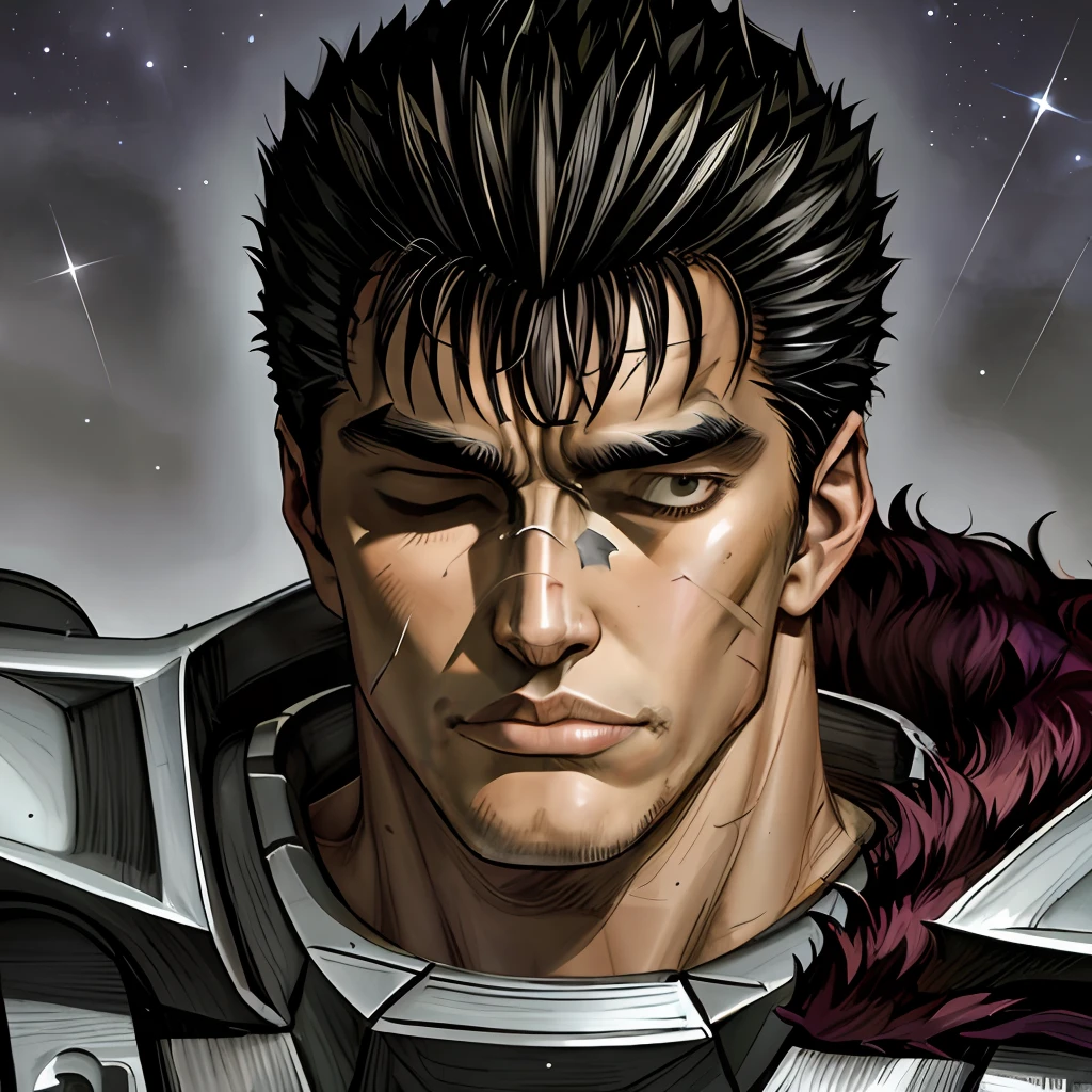 masterpiece, best quality, highly detailed, guts \(berserk\), 1boy, armor, bandages, black hair, cape, male focus, manly, one eye closed, scar, solo, (night:1.2), a lot of stars, (bright stars:1.2), forest, ultra detailed, focus on face, detailed face, full length, cowboy shot, kawai