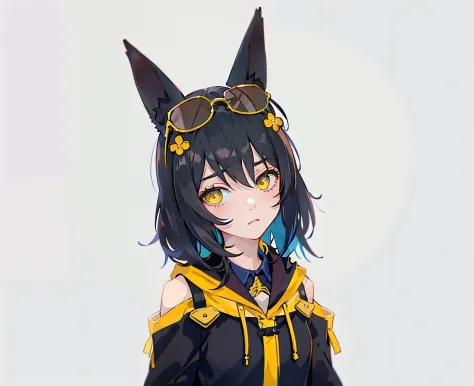 Anime girl with black hair and yellow eyes，Dressed in black and yellow, Anime moe art style, Anime style. 8K, anime girl with ca...