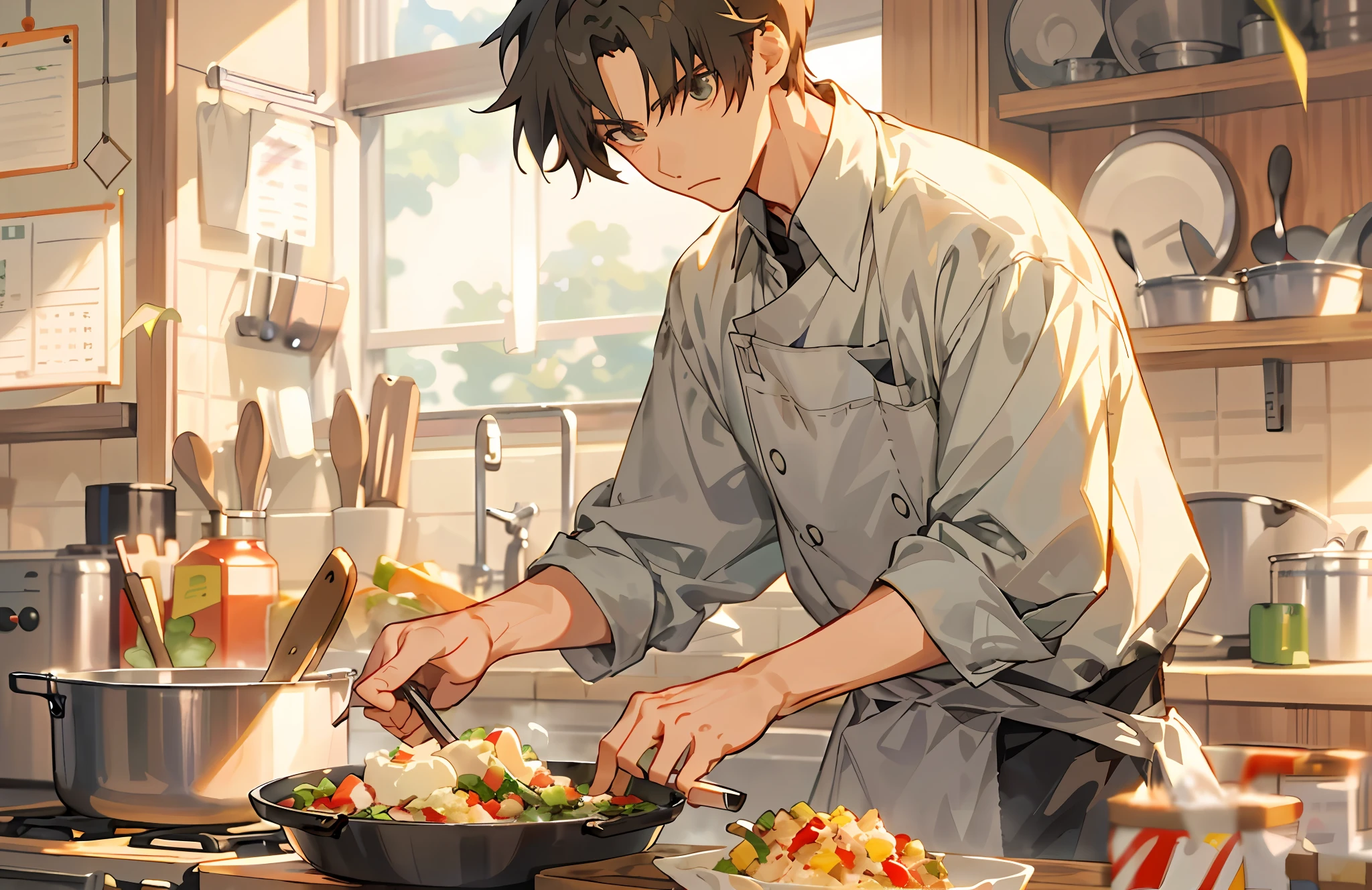 Мальчик-аниме готовит еду в большой кастрюле на кухне, готовитьing, готовить, готовлю это, Художественный стиль Макото Синкай, кулинарное шоу, Лучший шеф-повар, аниме еда, Макото в стиле синкай, красивая аниме поза, красивый парень в арте убийца демонов, вдохновленный Цуруко Ямазаки, На кухне, Сакимичан
