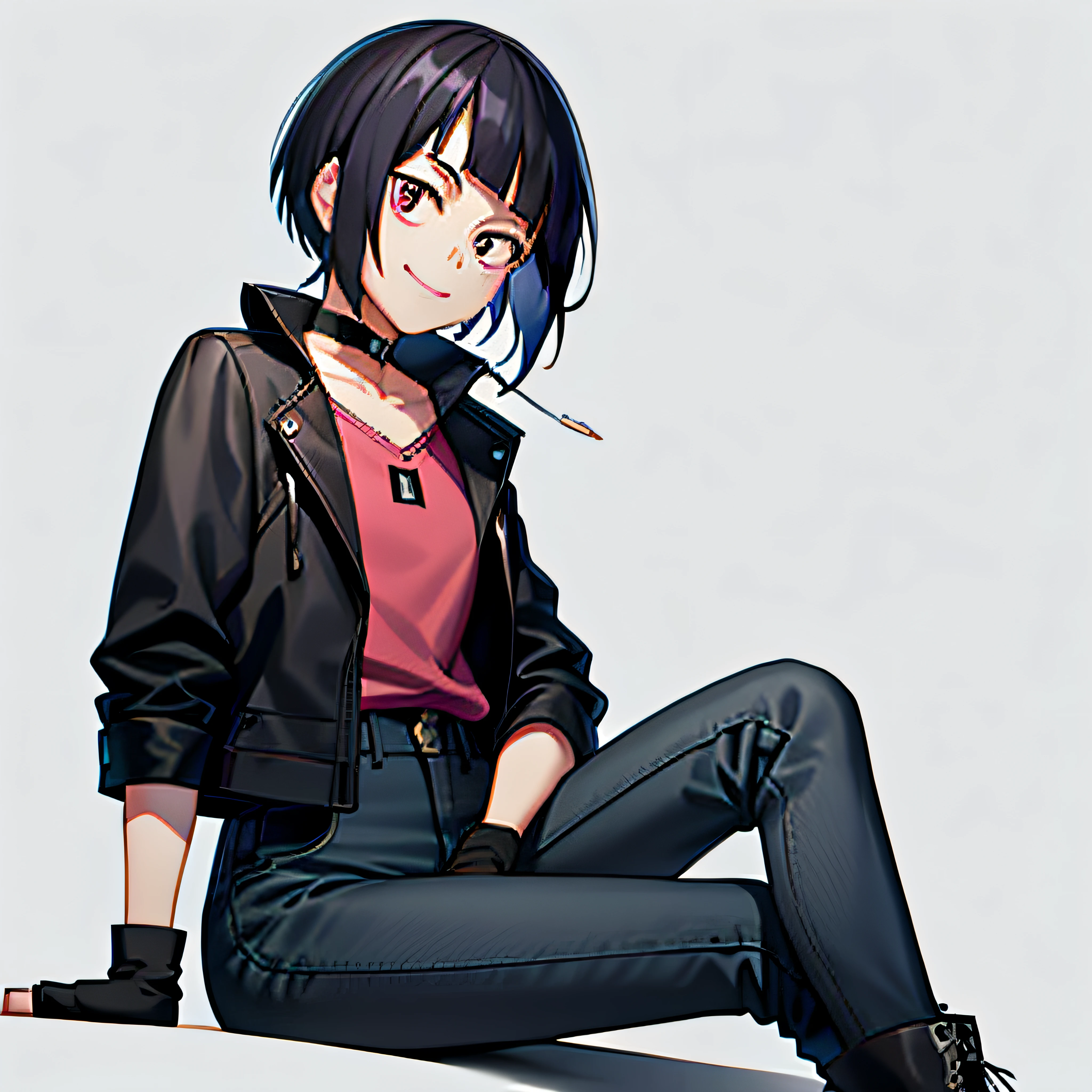 kyoka jiro, 1girl, solo, looking at viewer, smile, short hair, bangs, simple background, shirt, black hair, gloves, long sleeves, sitting, jacket, boots, open clothes, choker, pants, white gloves, blunt bangs, fingerless gloves, grey background, open jacket, black jacket, black choker, facial mark, black pants, pink shirt