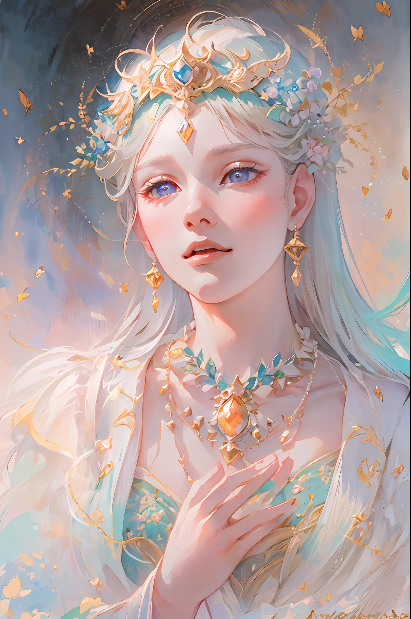 The young princess held a necklace with a crested jewel in her hand and chanted a chant passed down from her mother, which caused her body to glow and float in the air. The light emitted from the jewel was an important light that indicated the direction of the hidden earth.Fine brush, rough, detailed watercolor, soft and fantastic, pastel, fluffy, (extremely fine and beautiful), (perfect details)、(pastel color),Soft texture:1.2.(Mastepiece, Best Quality), (finely detailed beautiful eye), (finely detailed eyes and detailed face),The tones are also visibly luminous.Pale blurred outline