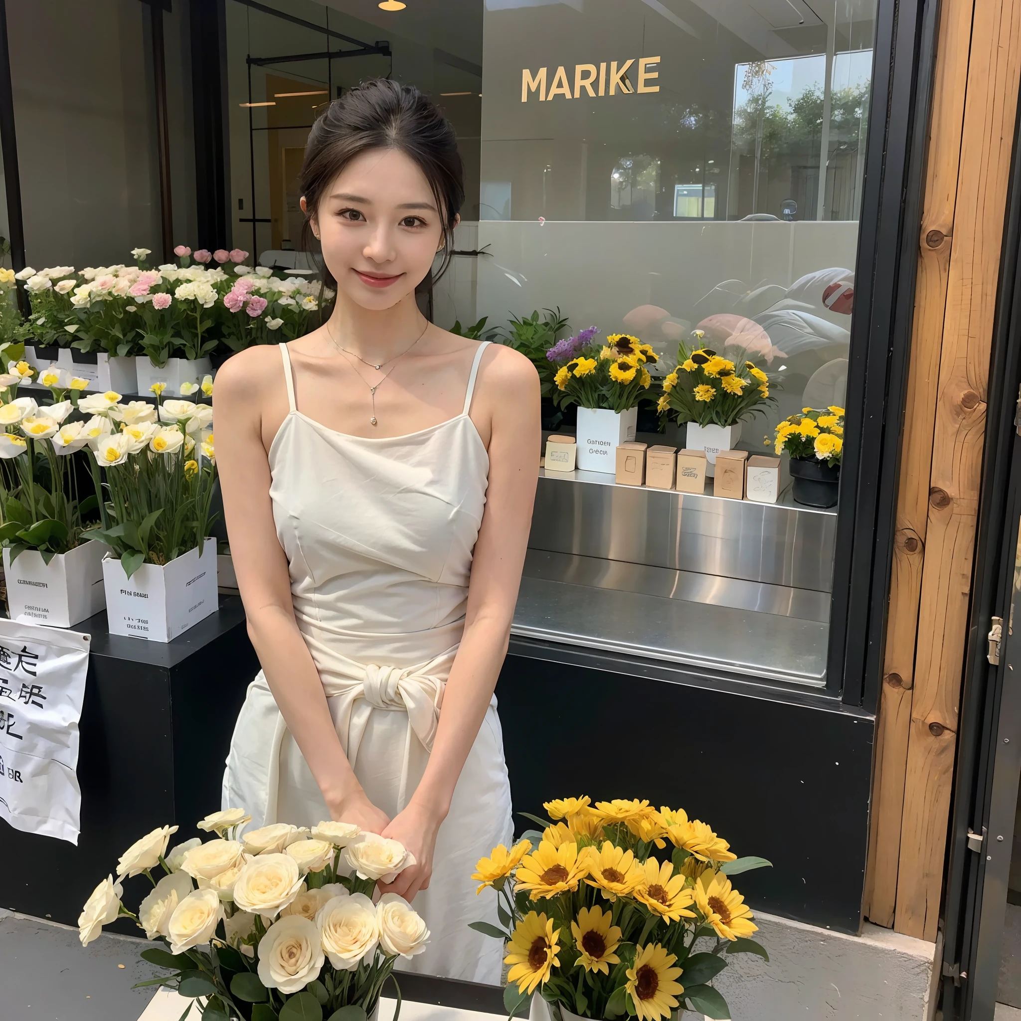 ，Masterpiece, Best quality，8K, 超高分辨率，Reallightandshadow，Cinema lenses，(beautidful eyes:1.1)， ((中景 the scene is))，In an alley，The gentle goddess stands in front of the flower market stall。She held a bouquet of flowers in her hand。，Gently smell the flowers。She smiled and spoke to the stall owner，It was as if her voice and smile could be transmitted to the flowers。，Sprinkle warmth and joy to everyone who comes here。