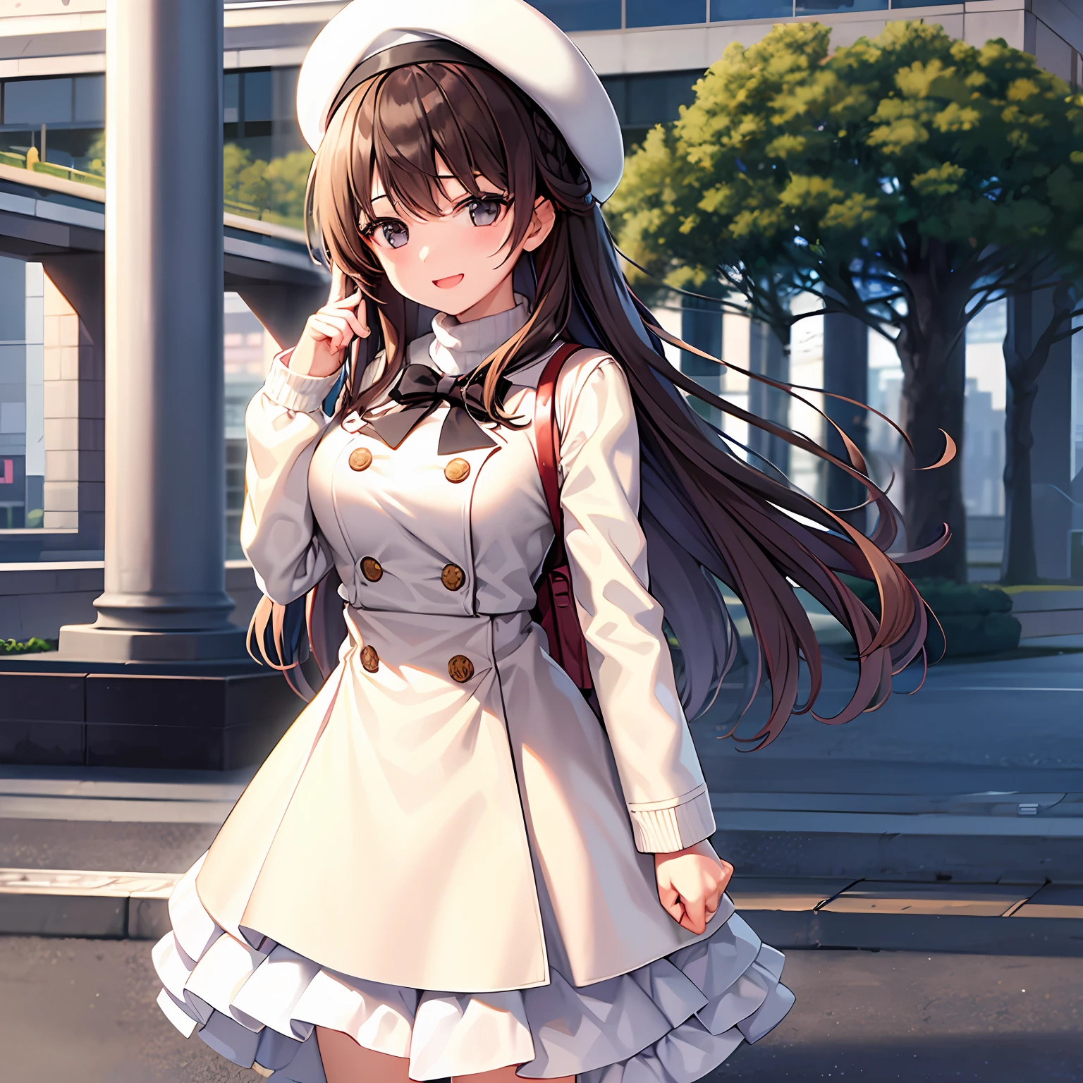 1girl in,  top-quality, Very delicate, Height 148cm, Bust 85cm, Waist 56cm, Hip 85cm, F-cup, 23years old, very baby face, brown-haired, Middle Long Hair,  White beret, Duffel coat, White turtleneck sweater, Long pleated skirt, In front of the modern railway station, ssmile, Blur the background a lot