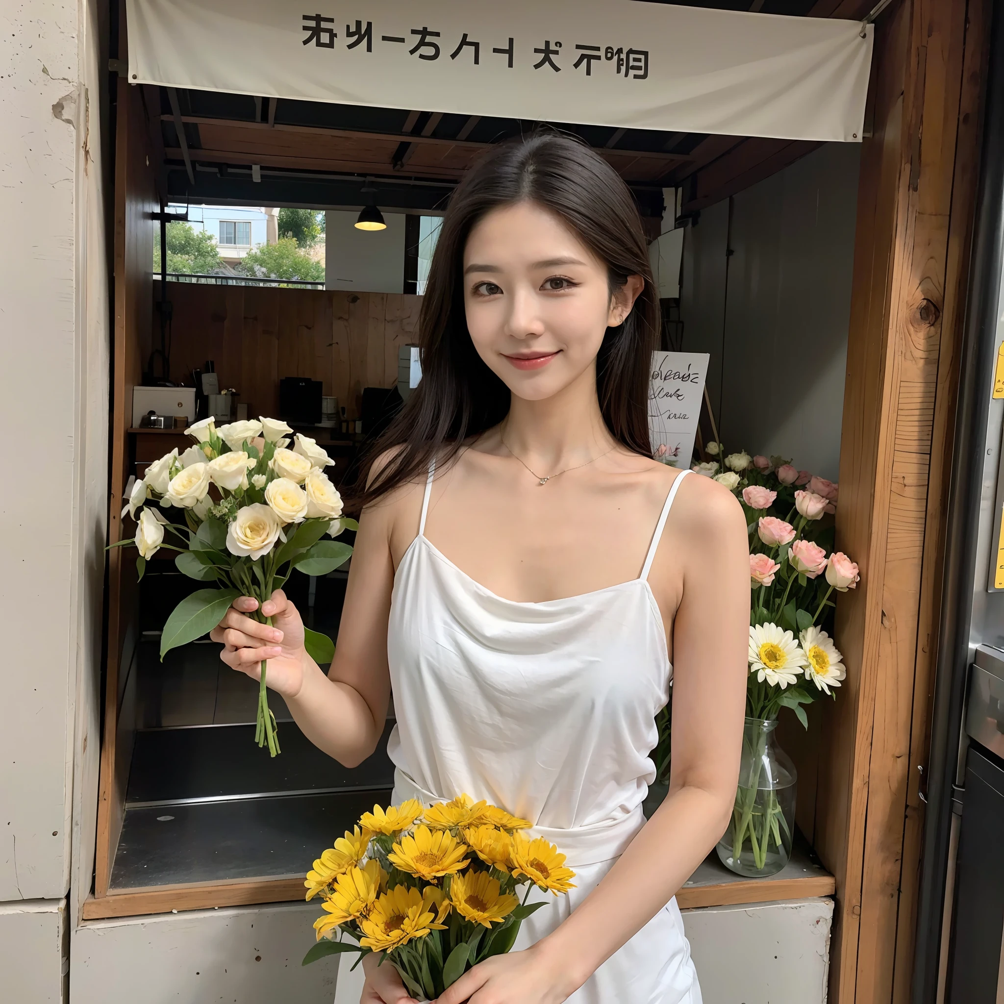 ，Masterpiece, Best quality，8K, 超高分辨率，Reallightandshadow，Cinema lenses，(beautidful eyes:1.1)， ((中景 the scene is))，In an alley，The gentle goddess stands in front of the flower market stall。She held a bouquet of flowers in her hand。，Gently smell the flowers。She smiled and spoke to the stall owner，It was as if her voice and smile could be transmitted to the flowers。，Sprinkle warmth and joy to everyone who comes here。