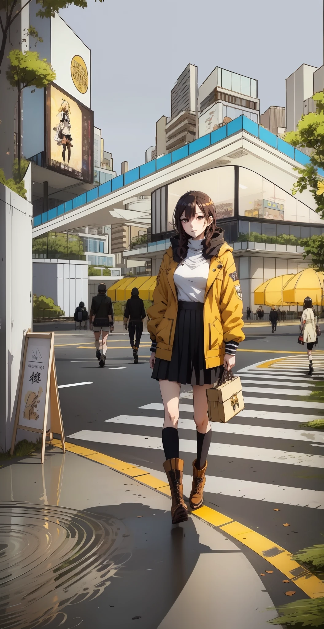 Anime girl walking down the street in short brown skirt and Mickey jacket, urban girl fanart, tokyo anime anime scene, modern anime style, style of anime4 K, Anime style illustration, Realistic anime 3 D style, anime styled digital art, Anime style. 8K, anime visual of a cute girl, anime style cityscape, girls frontline style, Style anime, very modern anime style，ssmile，Extremely cute，Brown boots，