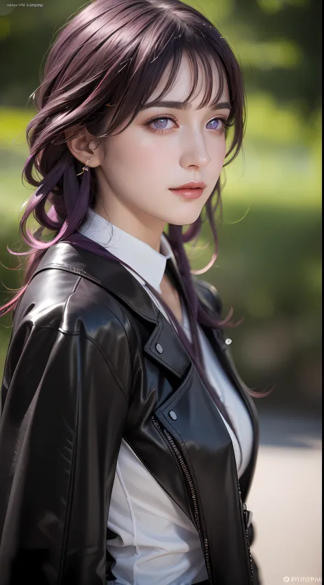 (photorealistic:1.4), raw photo, 1girl, purple eyes, purple hair, (eyewear on head), stellaron hunters outfit,  black jacket, ja...