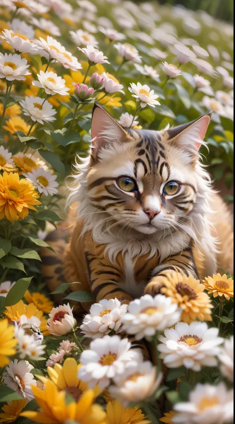 A furry cat sits in a flower