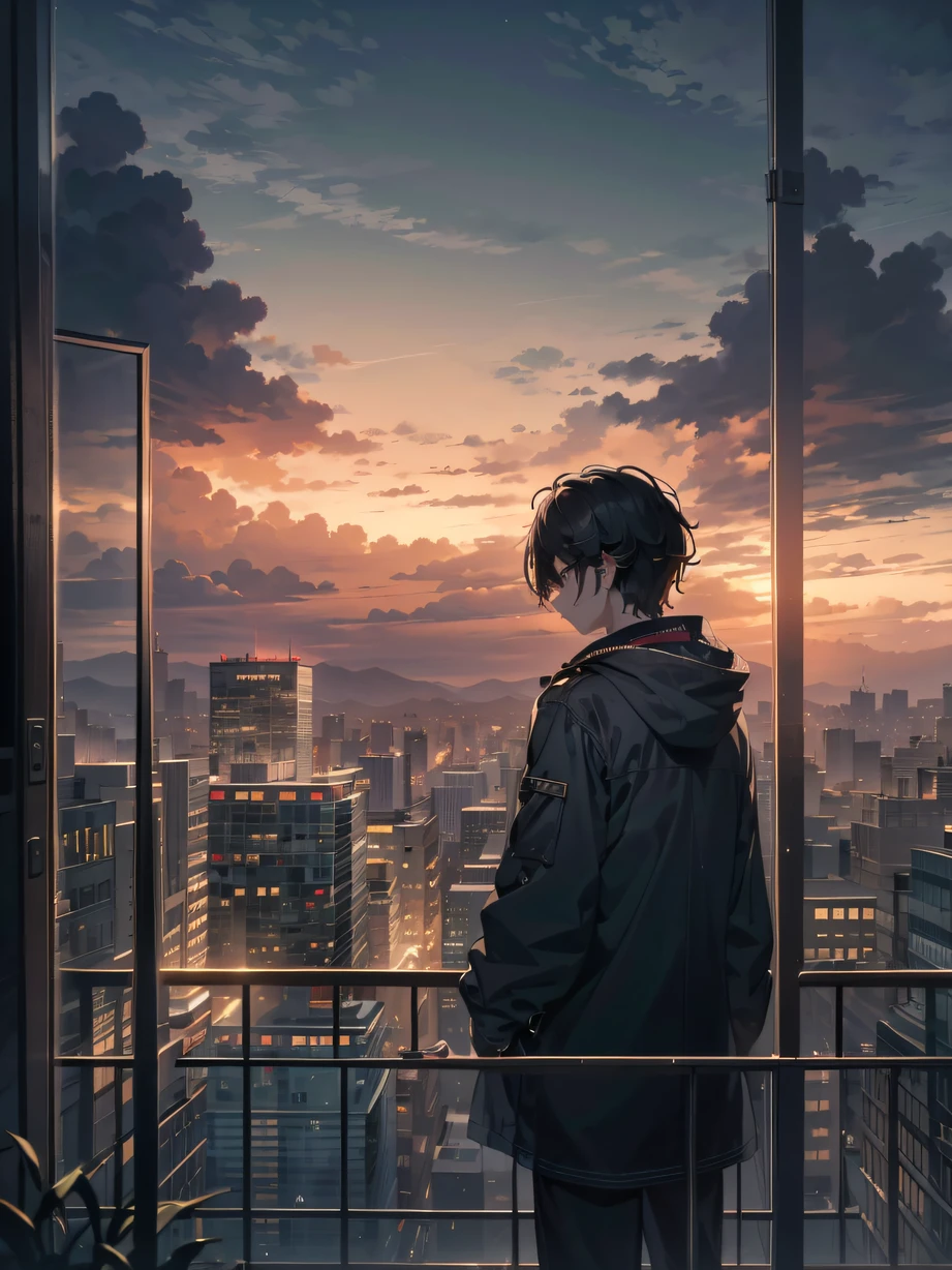 ，masterpiece, best quality，8k, ultra highres，at dusk at golden hour，The protagonist stands alone on the balcony of a tall building，The distant sunset gradually sinks into the horizon。There were a few lone dark clouds floating in the sky，It hints at the sadness in the heart of the protagonist。His eyes revealed endless loneliness and loss，The whole picture is filled with a heavy sad atmosphere。