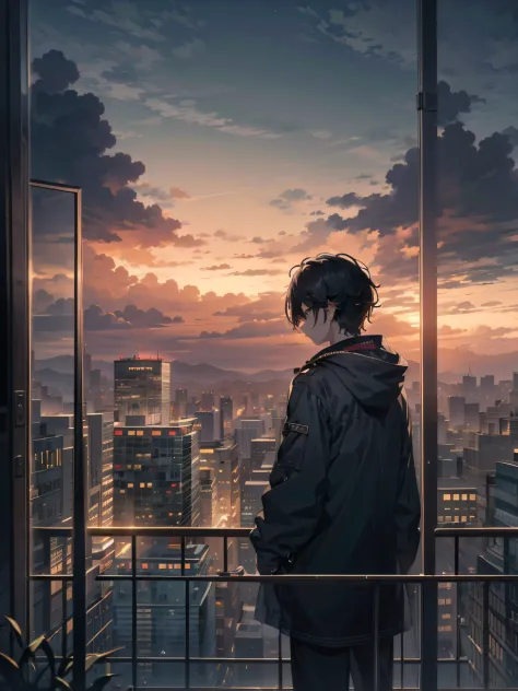 ，masterpiece, best quality，8k, ultra highres，at dusk at golden hour，The protagonist stands alone on the balcony of a tall buildi...