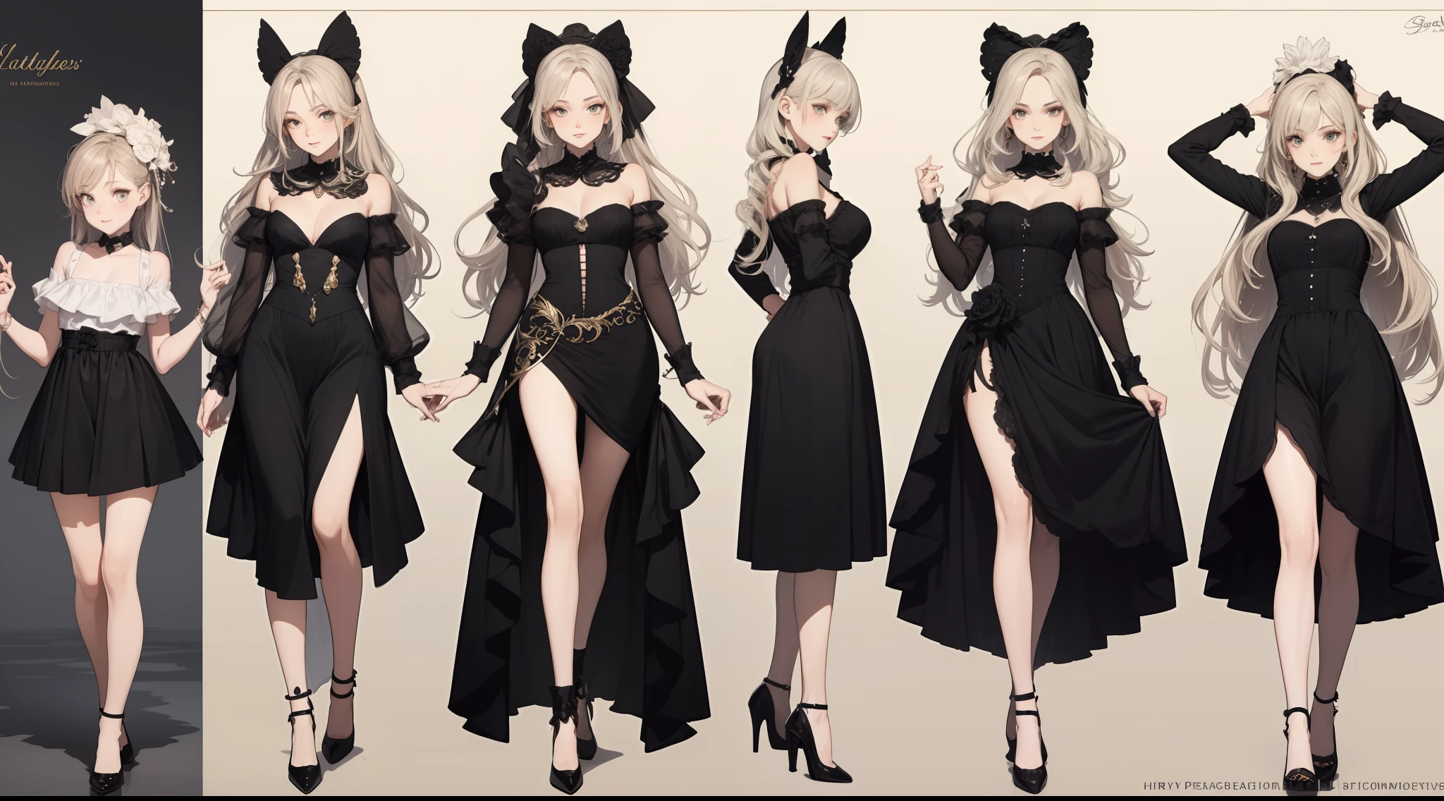 Three-view of roles，character  design，Character design，Three View，full bodyesbian，frontage，Lateral face，on  back，Set，Lolita prostitute，Very gorgeous，Maximalism，extreme hight detail，RococoStyle，Super long hair，Complex accessories，Complex hairstyles，Jewelled