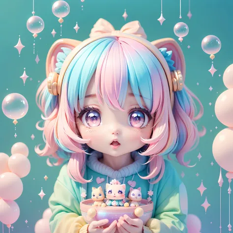 chibi looking up, leaning, bubbles around, kawaiitech, kawaii, cute, pastel colors, best quality, happy, long sleeves