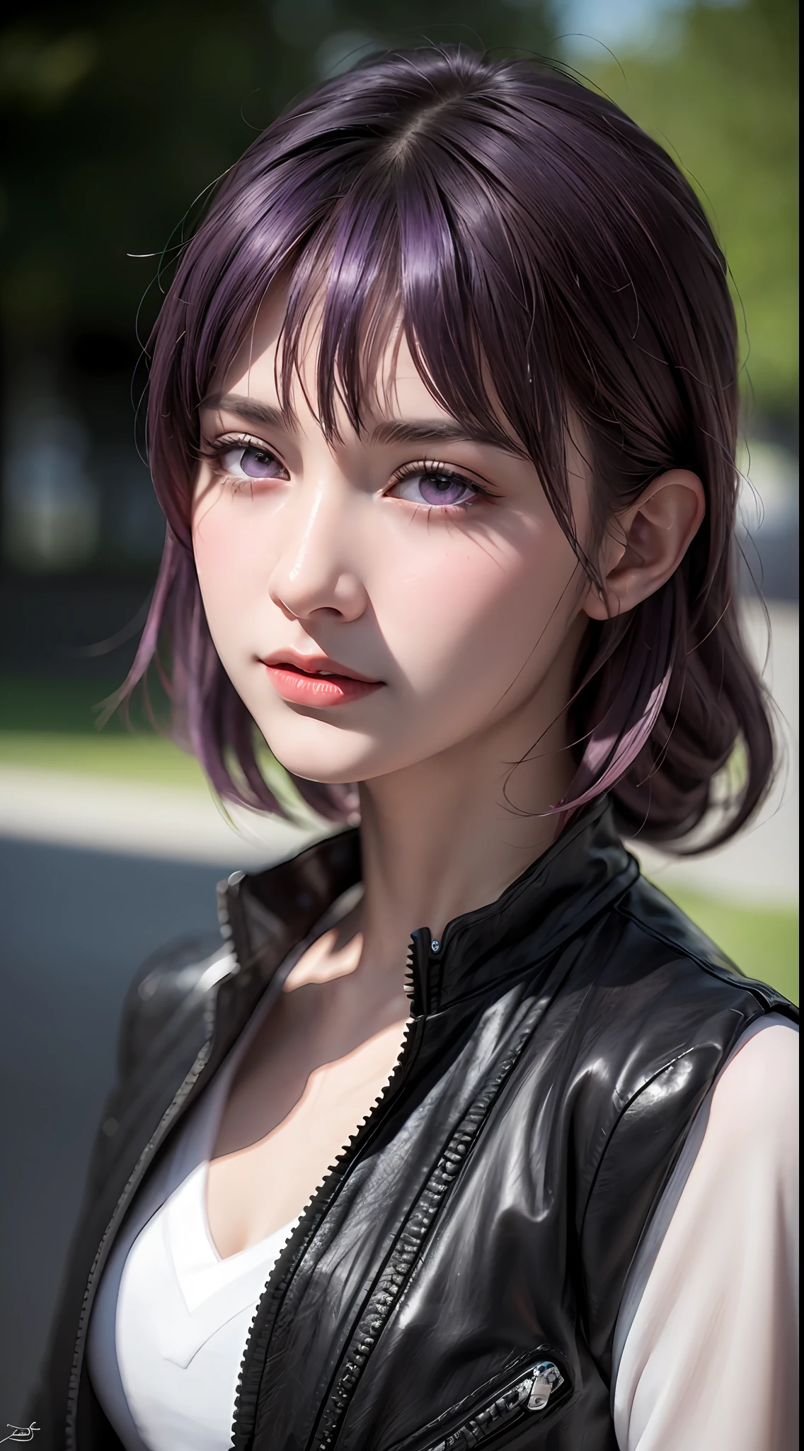 closed up to face,(photorealistic:1.4), raw photo, 1girl, purple eyes, purple hair, (eyewear on head), stellaron hunters outfit,  black jacket, jacket on shoulders, shirt, shorts, pantyhose, boots,deep shadow,  detailed face, detailed eyes, depth of field, bokeh, vibrant details, finely detailed, hyperrealistic, 35mm film, hazy blur,upper body,, masterpiece,ultra realistic,32k,extremely detailed CG unity 8k wallpaper, best quality